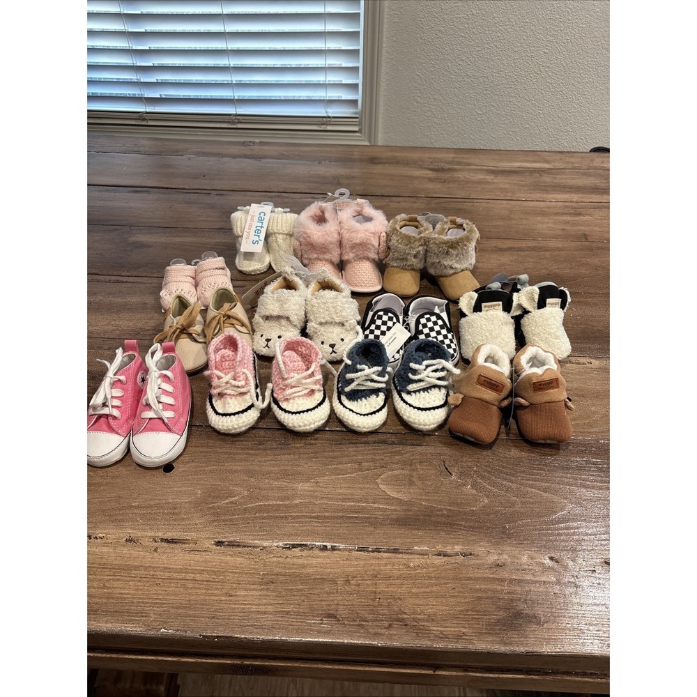 Lot 12 Pairs Infant Girl Baby Sizes NB-2 Dressy Slippers, Sock Shoes Boots